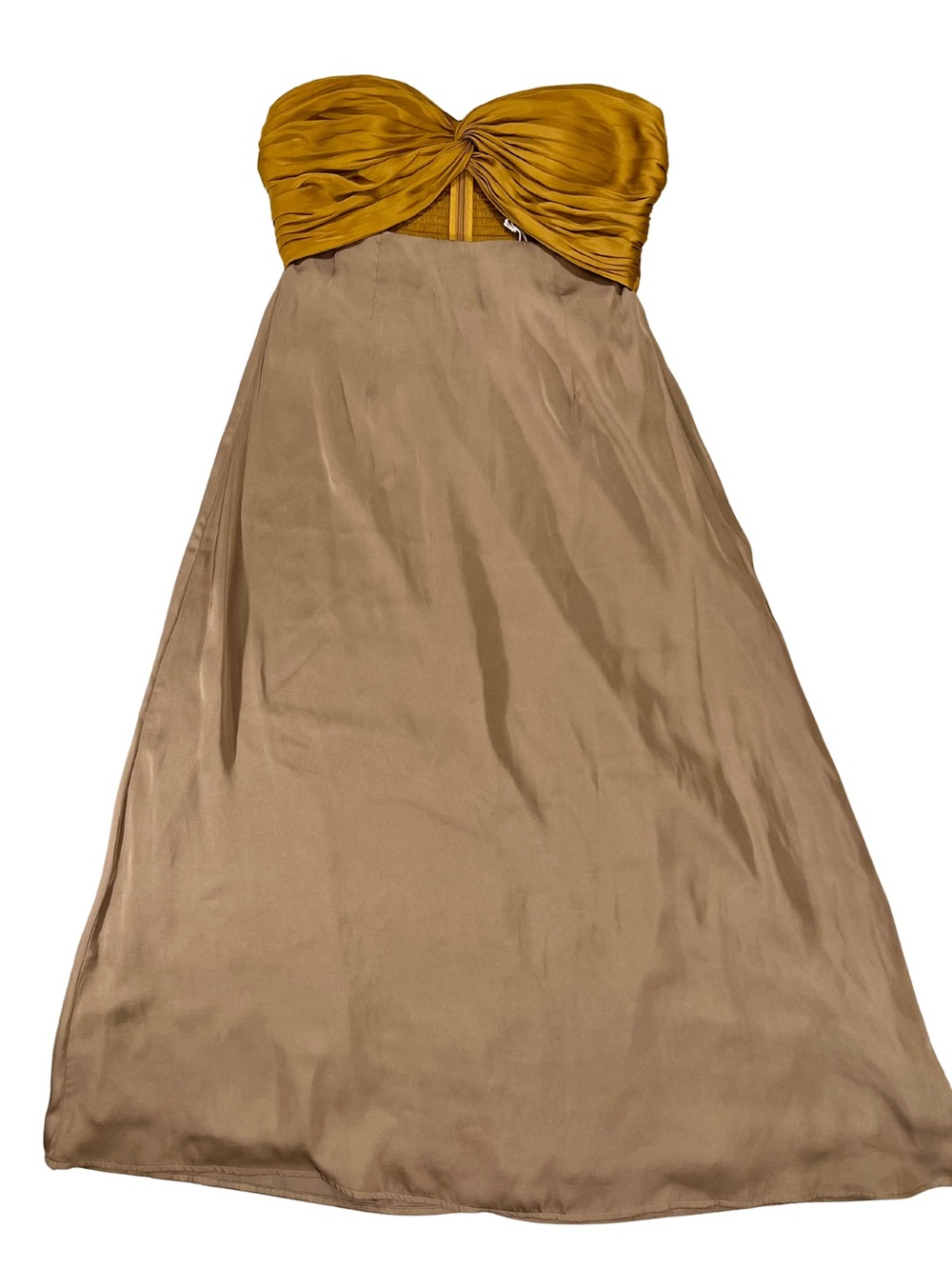 ISH Strapless Midi Dress Front Cut Out in Mustard and Taupe